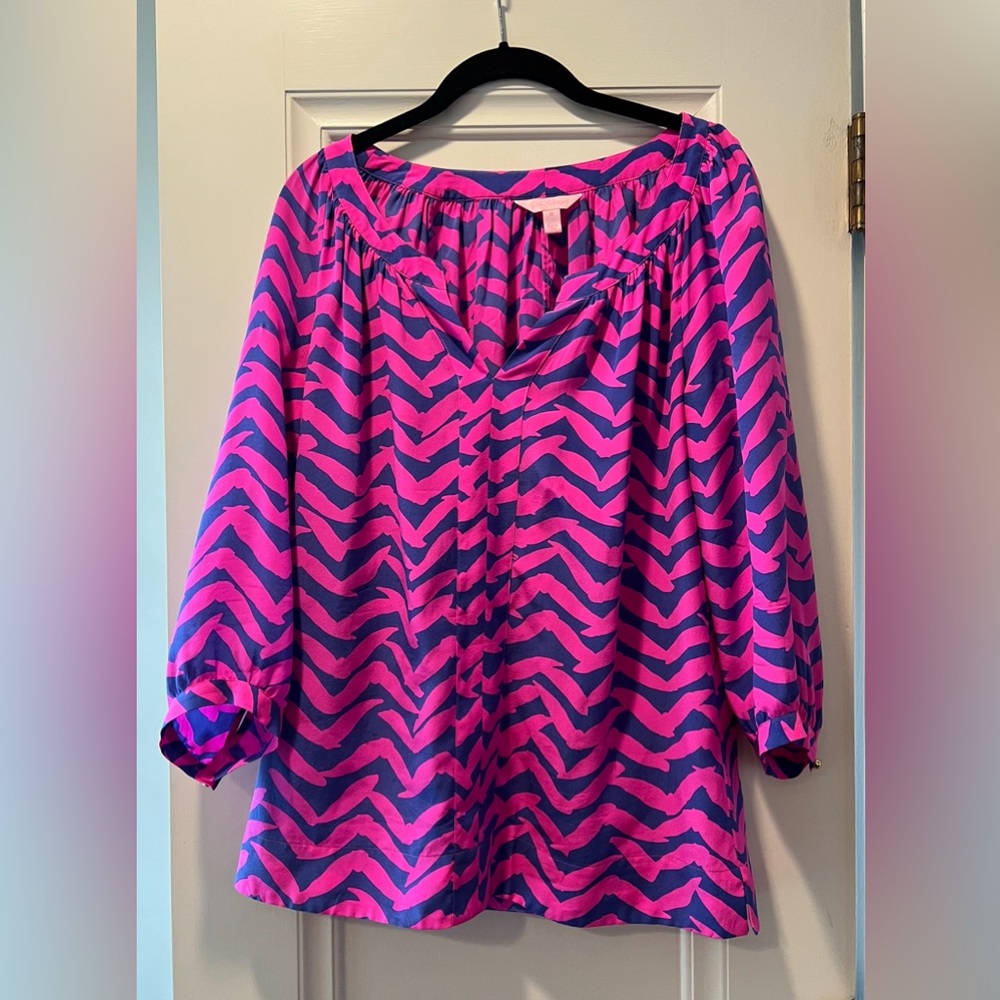 Pink and blue Lilly Pulitzer 100% silk blouse size Medium